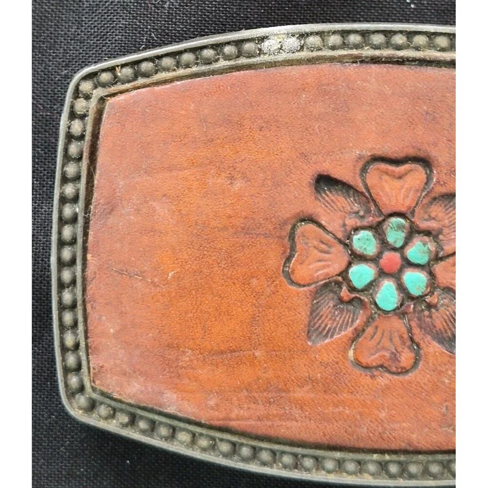 Vtg Southwestern Style Tooled Leather Inlay Belt Buckle Alumaline 4108